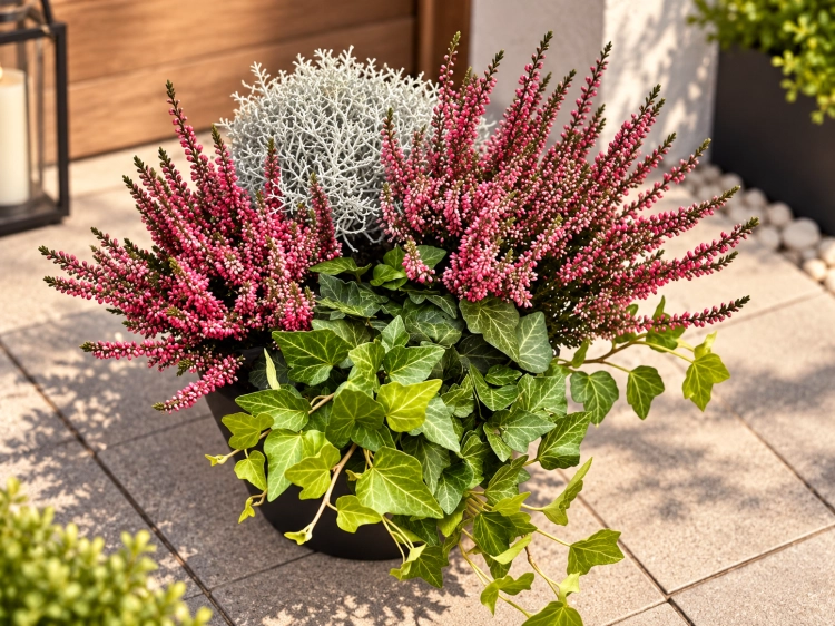Jesienne QUATTRO– 2x wrzos czerwony  Garden Girls®, Calocephalus i bluszcz