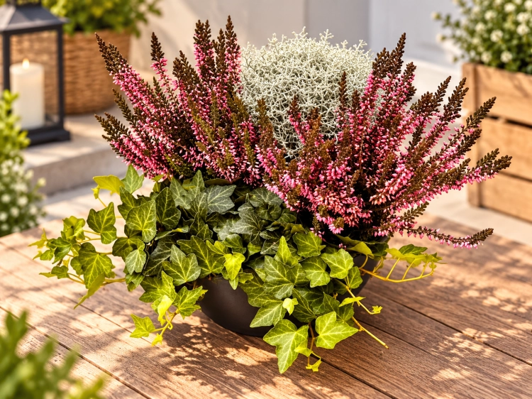 Jesienne QUATTRO– 2x wrzos czerwony  Garden Girls®, Calocephalus i bluszcz